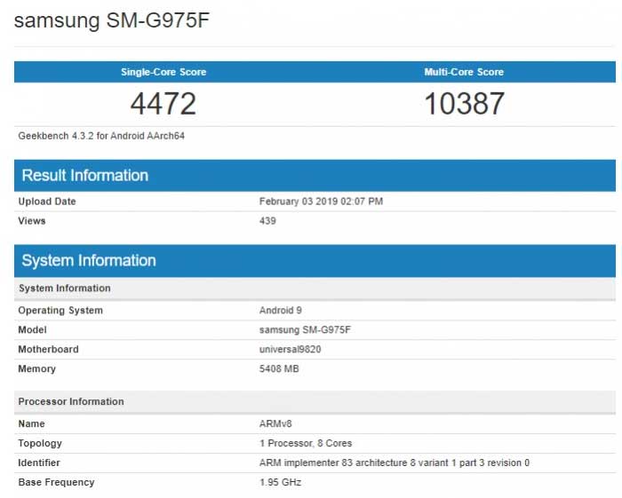 Результаты теста Samsung Galaxy S10+ Exynos 9820 в GeekBench