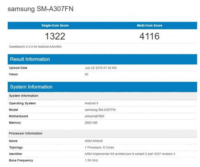 Samsung Galaxy A30e Geekbench